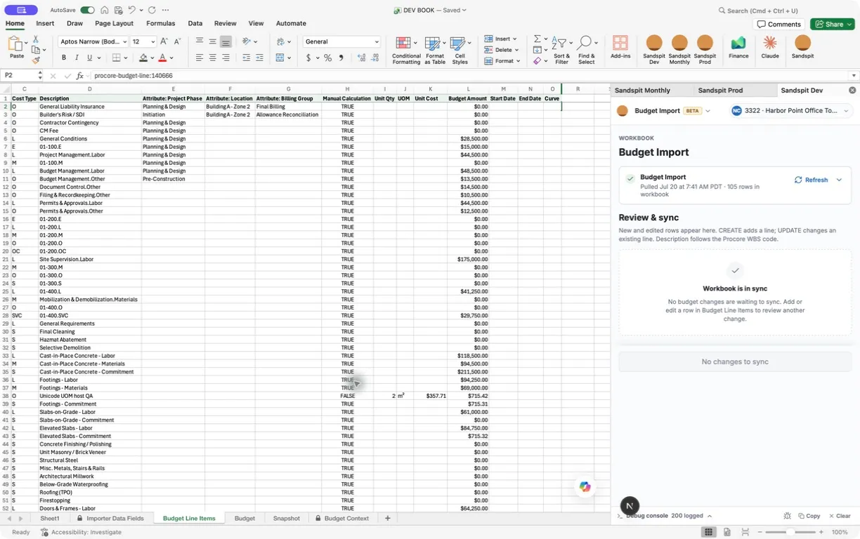 Microsoft Excel showing Procore budget line items beside the Sandspit Budget Import review and sync panel