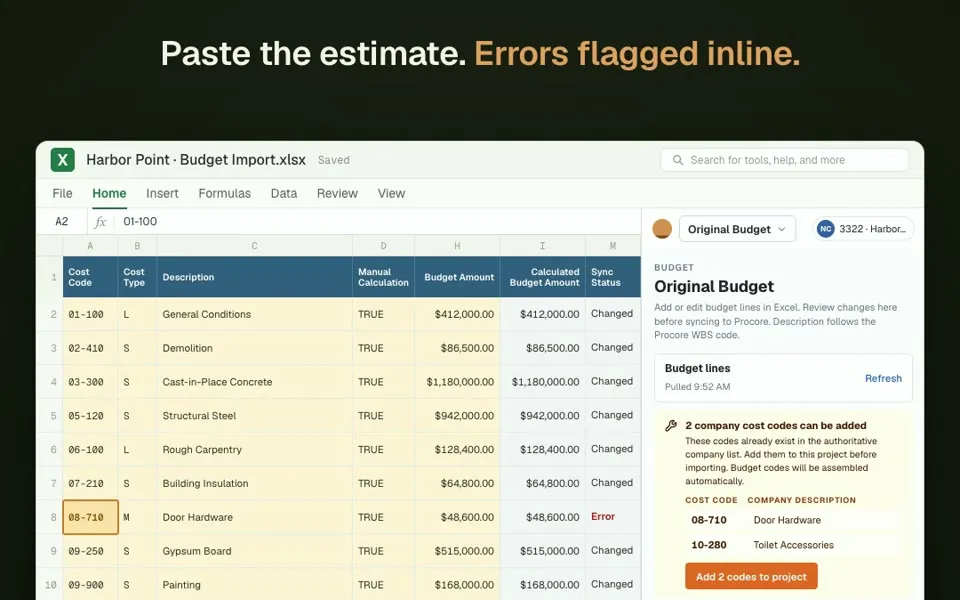 Original Budget in Excel: a pasted estimate with errors flagged inline before sync