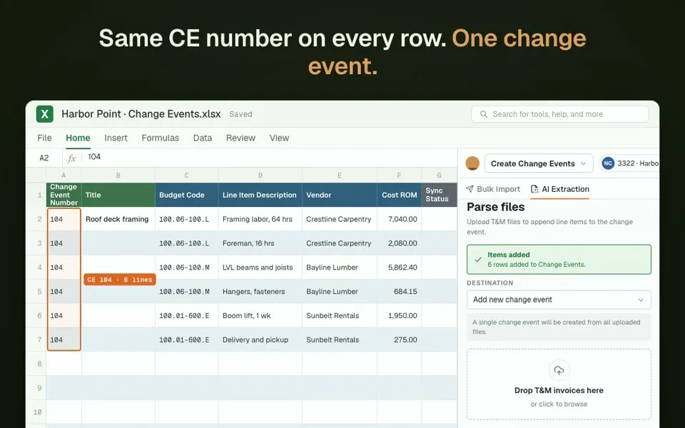 Create Change Events in Excel: T&M ticket lines extracted onto the sheet under one change event number