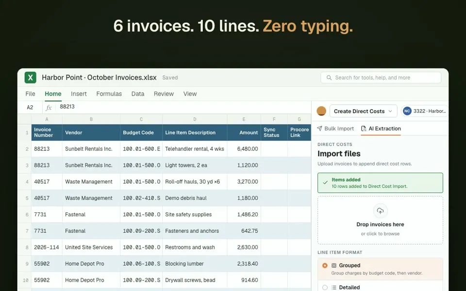 Direct Costs in Excel: six invoices read onto the sheet as ten lines