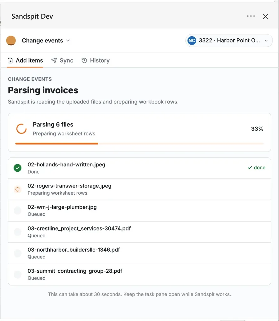 Sandspit Excel add-in parsing multiple invoice files