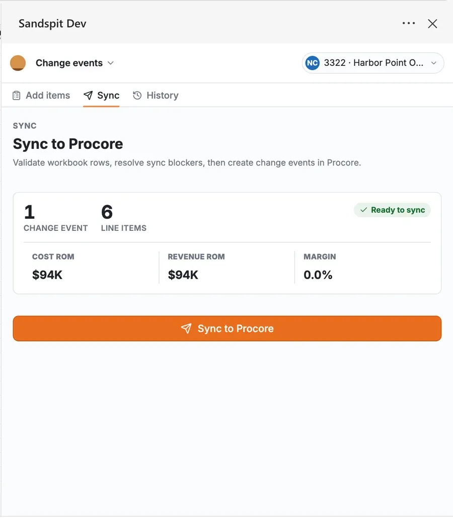 Sandspit Excel add-in showing change event rows ready to sync to Procore