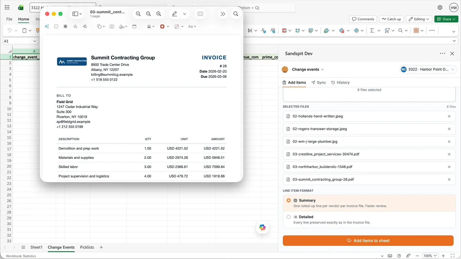 Excel and Sandspit task pane showing files ready for AI extraction into change event rows
