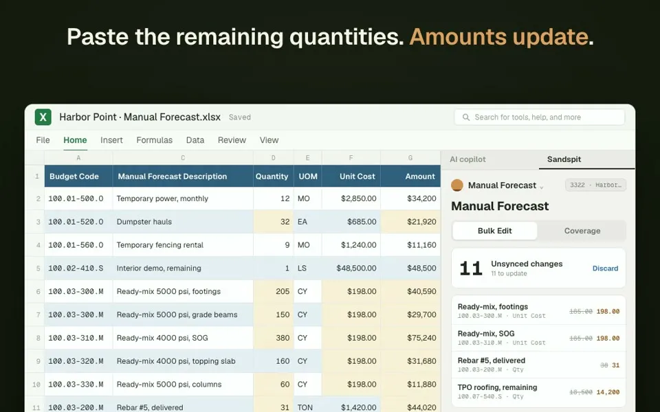 Manual Forecast in Excel: remaining quantities pasted in and amounts updating