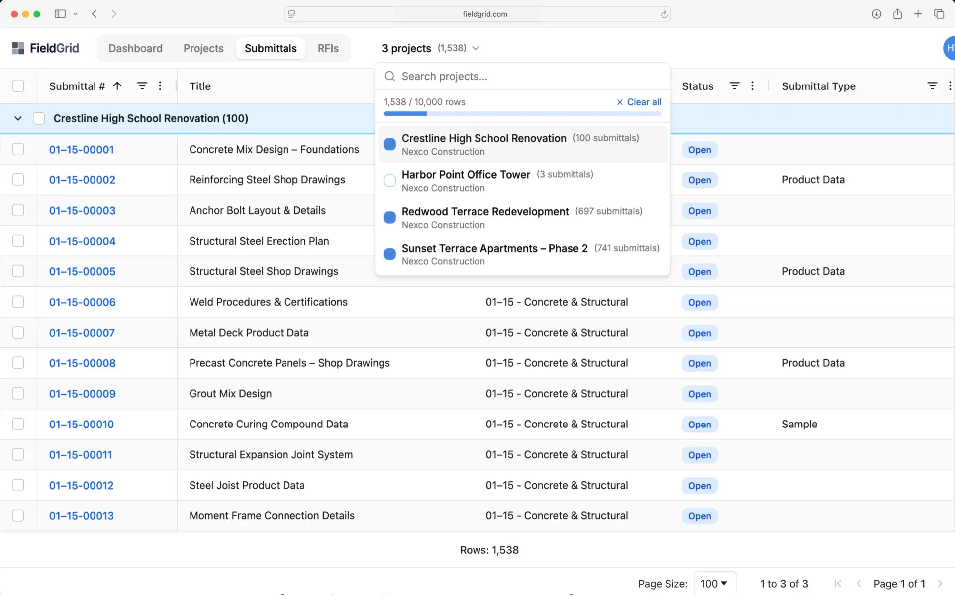 Multi-project grid view showing submittals across projects