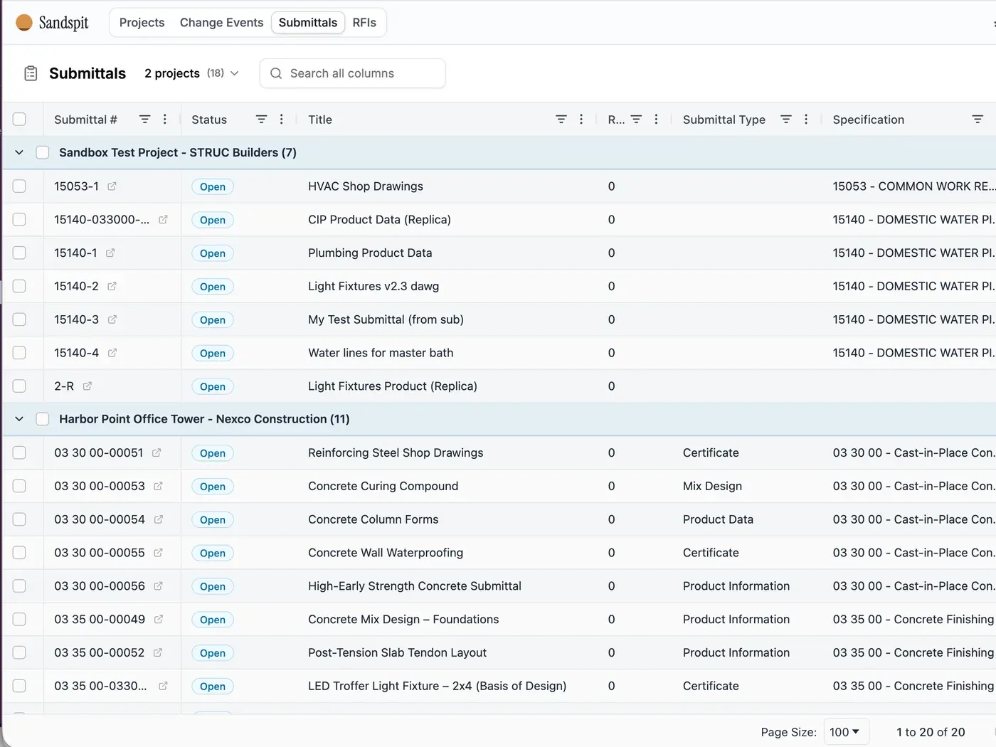 Sandspit grid showing Procore project records in a spreadsheet-style workspace