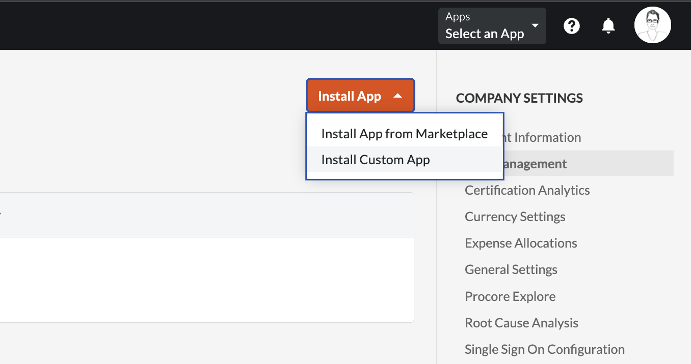 Procore App Management screen with the Install App button highlighted