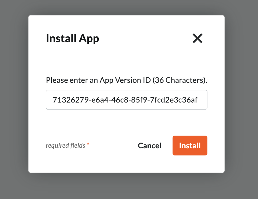 Procore install dialog showing the application ID field