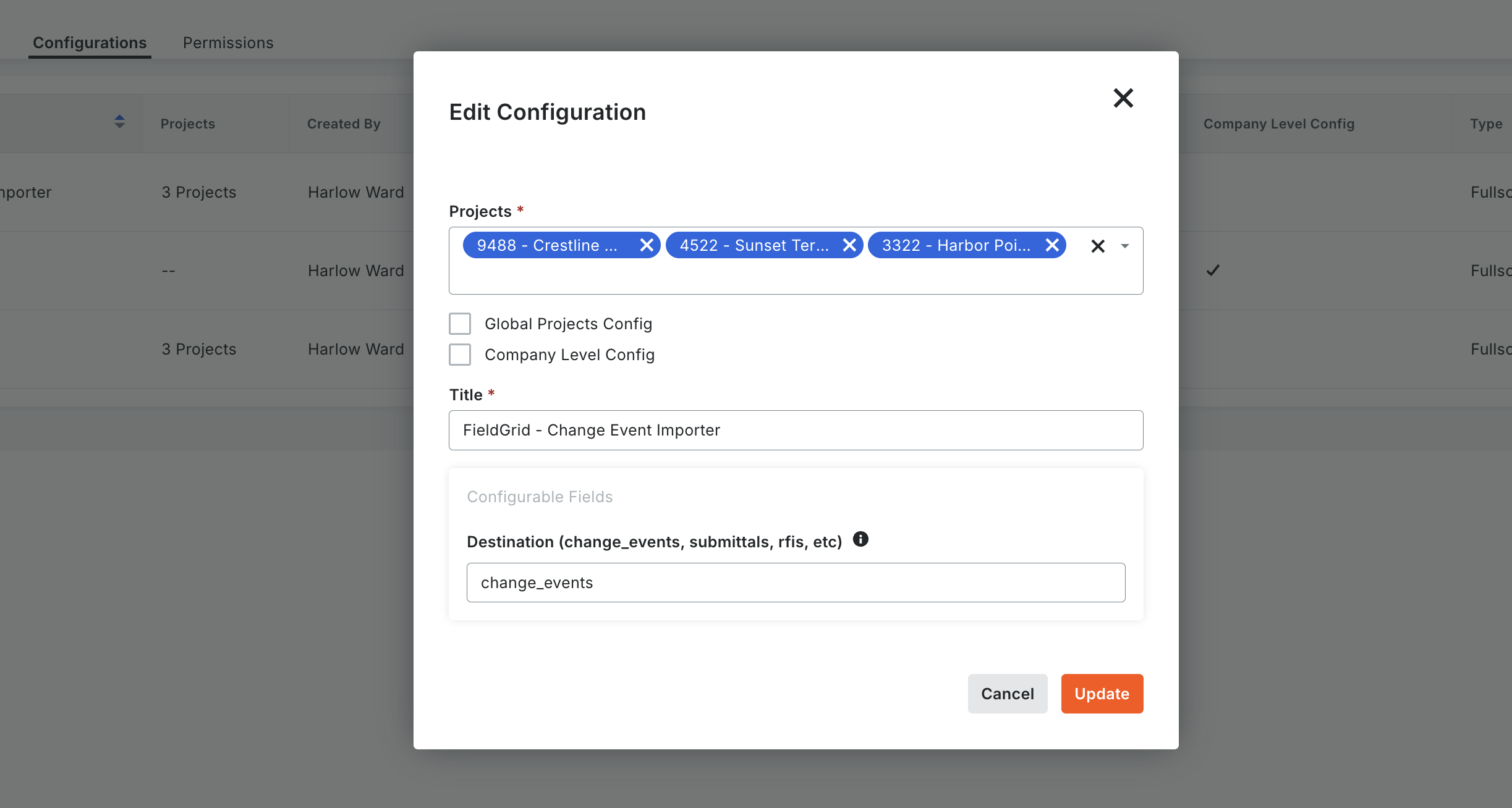 Procore app configuration screen showing the Sandspit link settings