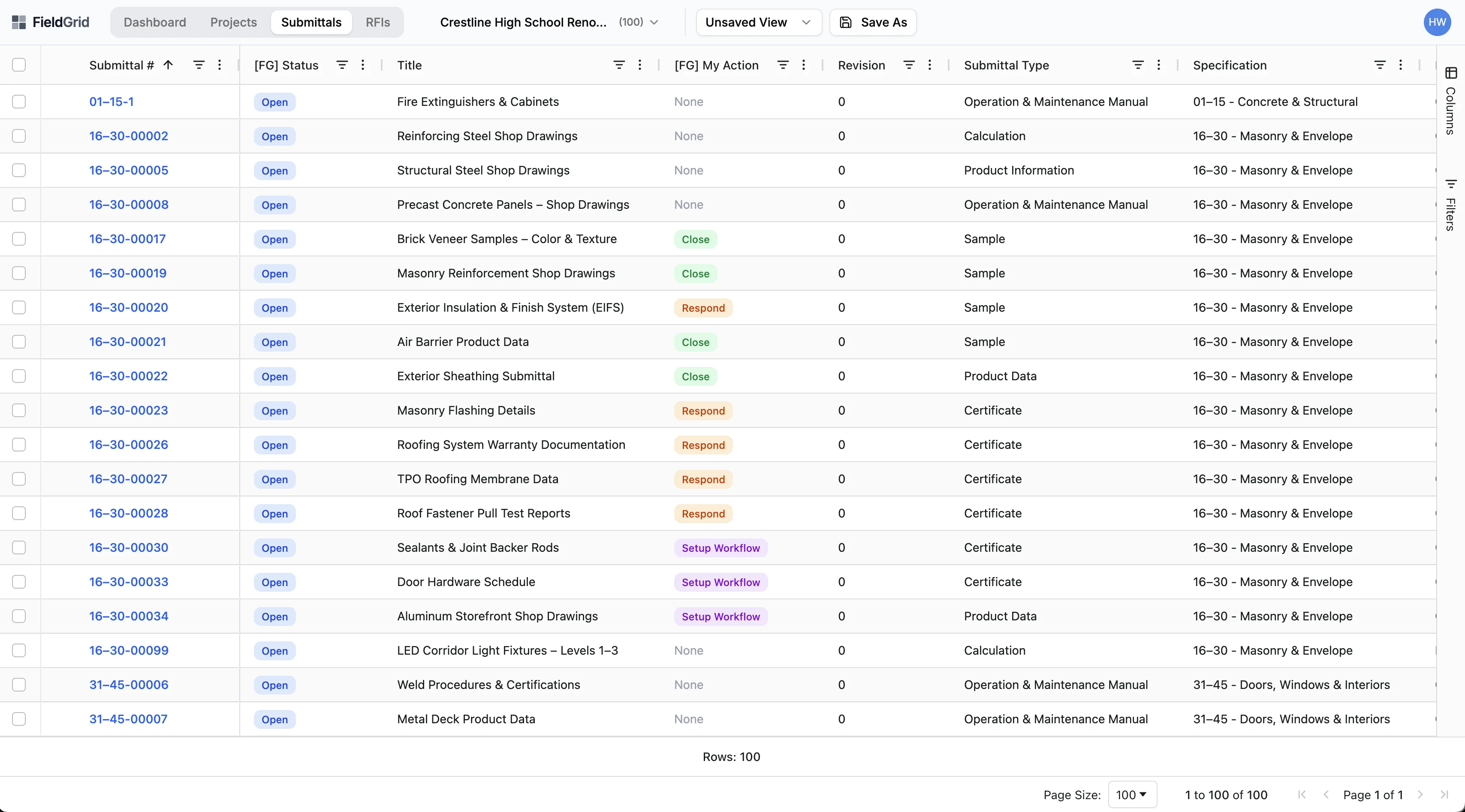 Sandspit submittal grid view showing multiple submittals with status, actions, and specifications
