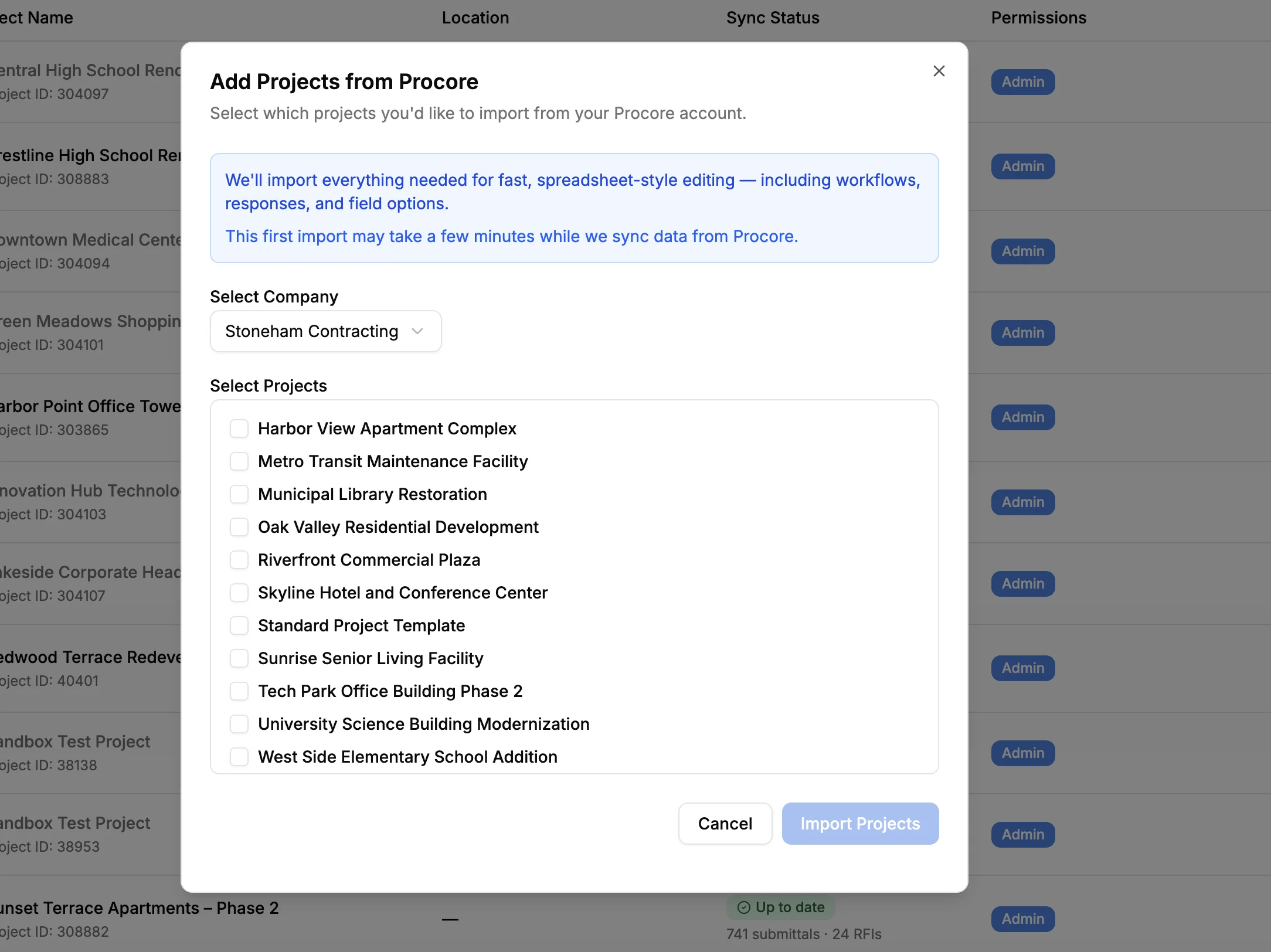 Sandspit project selection dialog showing available Procore projects