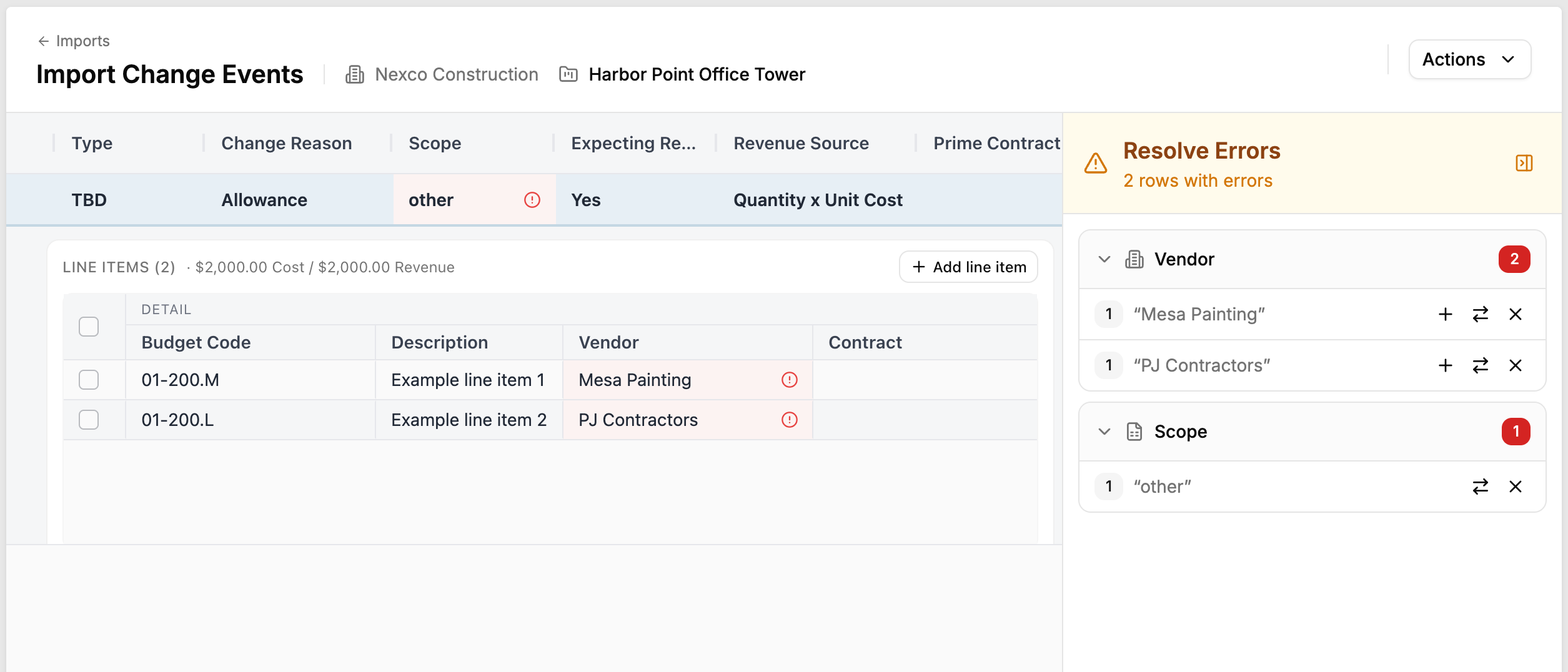 Change event staging grid showing imported line items with validation errors flagged