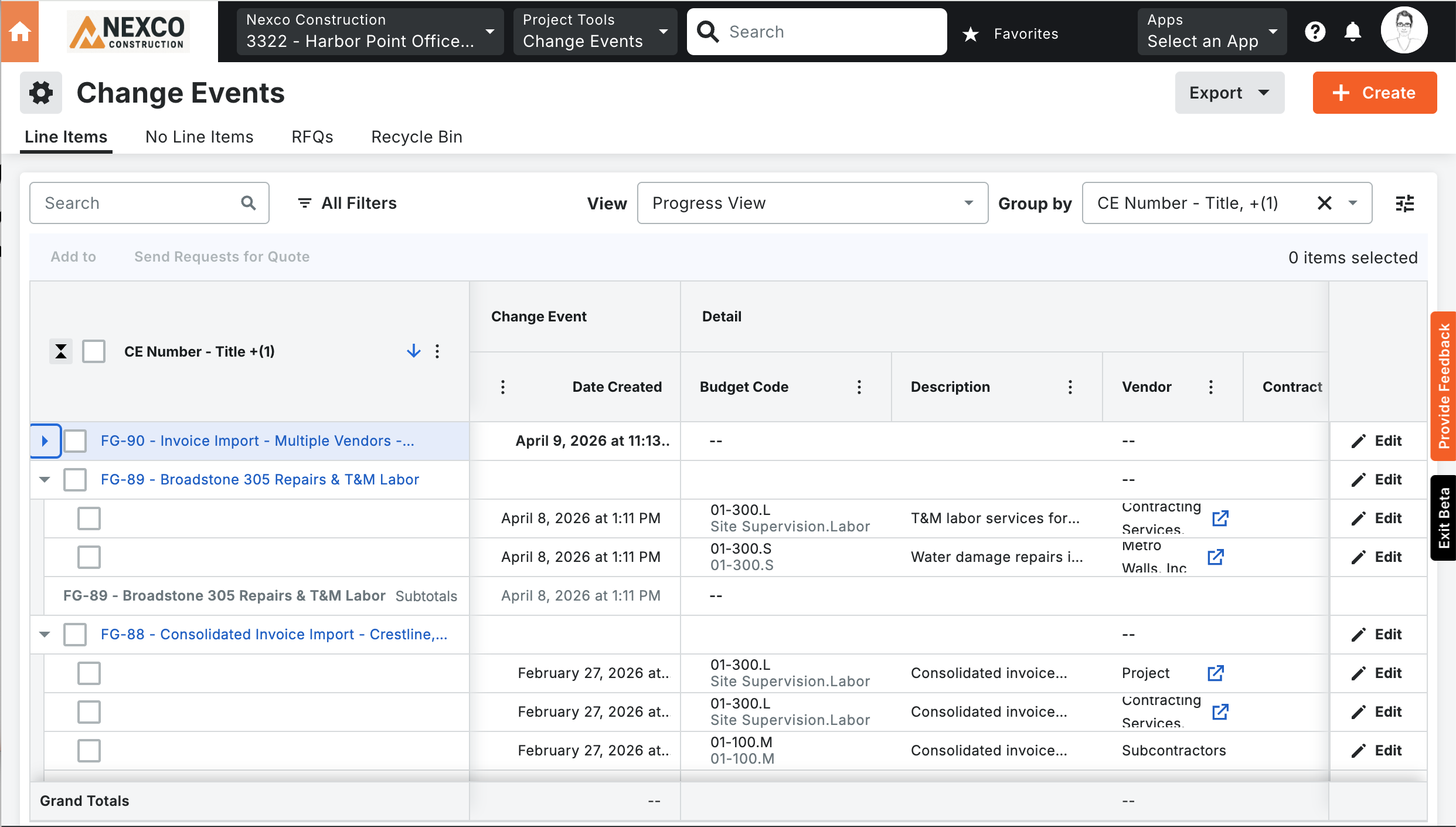 Procore Change Events list view showing CE numbers, titles, statuses, and amounts