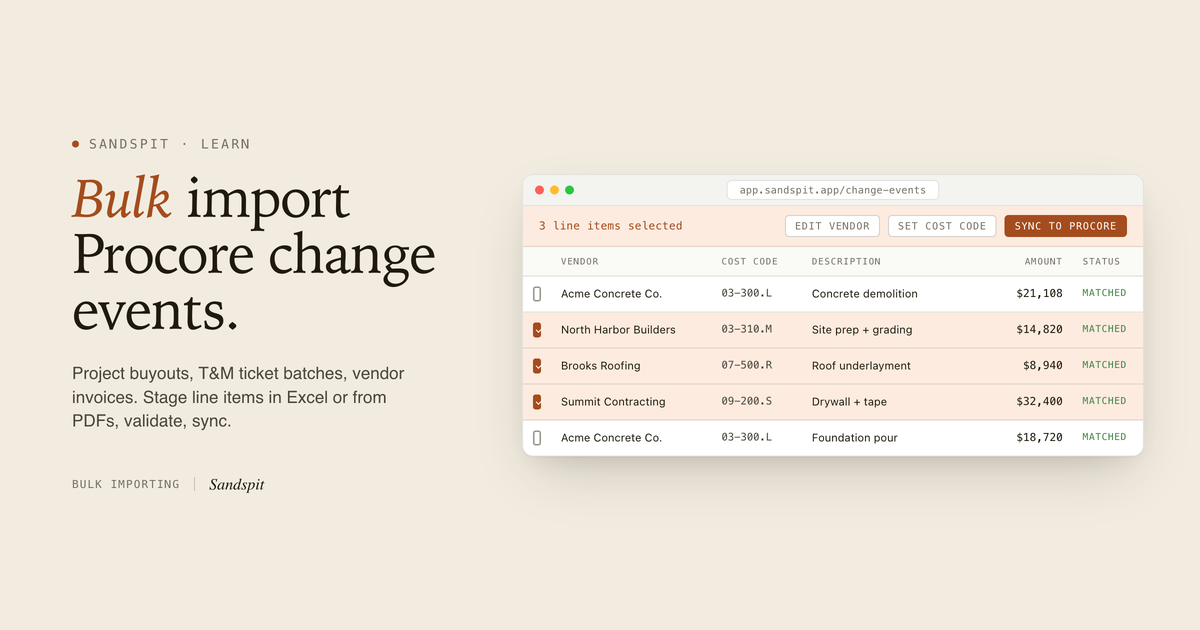 Sandspit spreadsheet grid bulk-importing line items into Procore change events